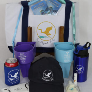 A group of items that include cups, hats and water bottles.