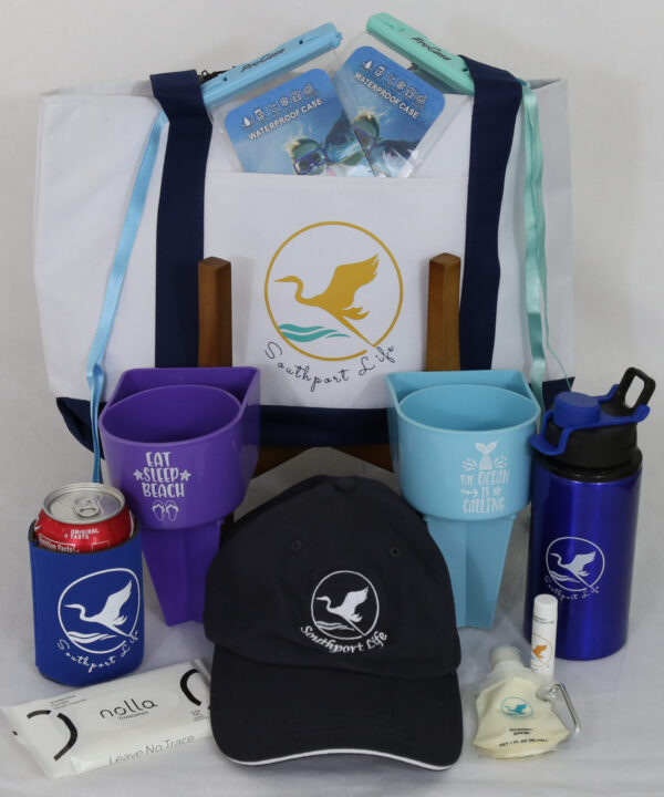 A group of items that include cups, hats and water bottles.